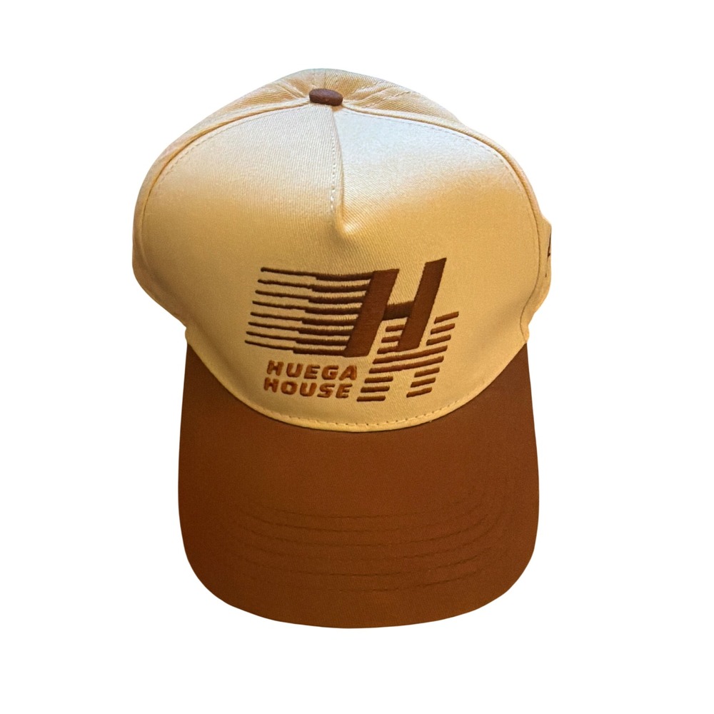 Huega House Mens Snapback Hat Cream Brown Embroidered Logo Trucker Cap